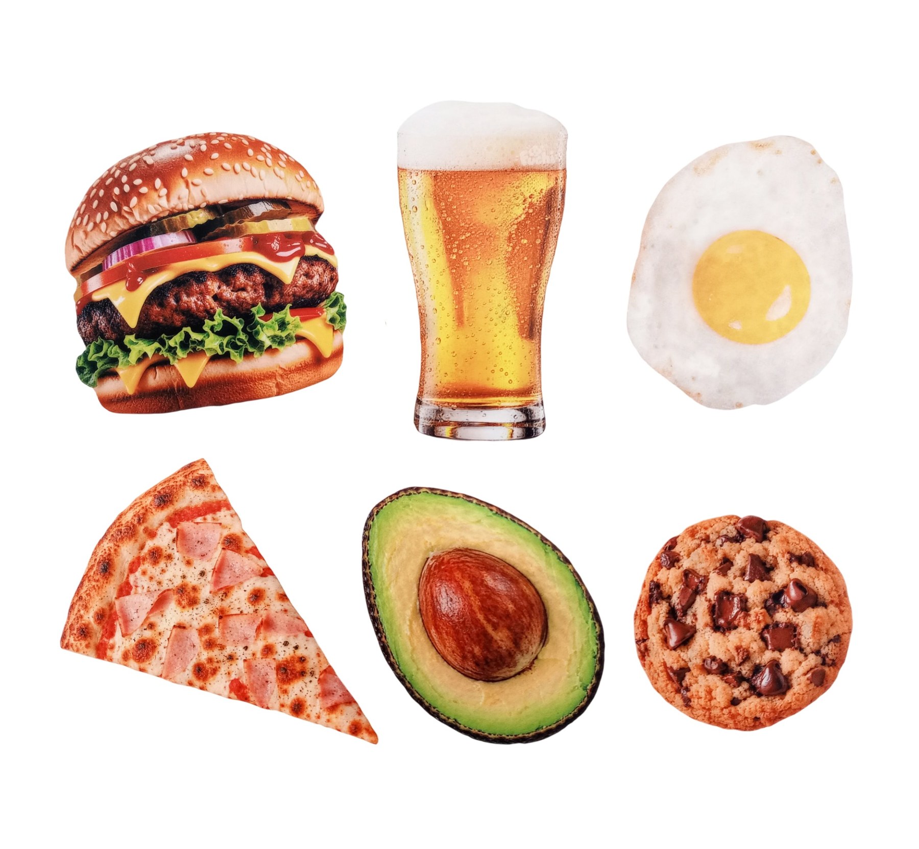 Los 6 paños Fuchi sobre fondo blanco: hamburguesa, cerveza, huevo frito, pizza, palta y cookie