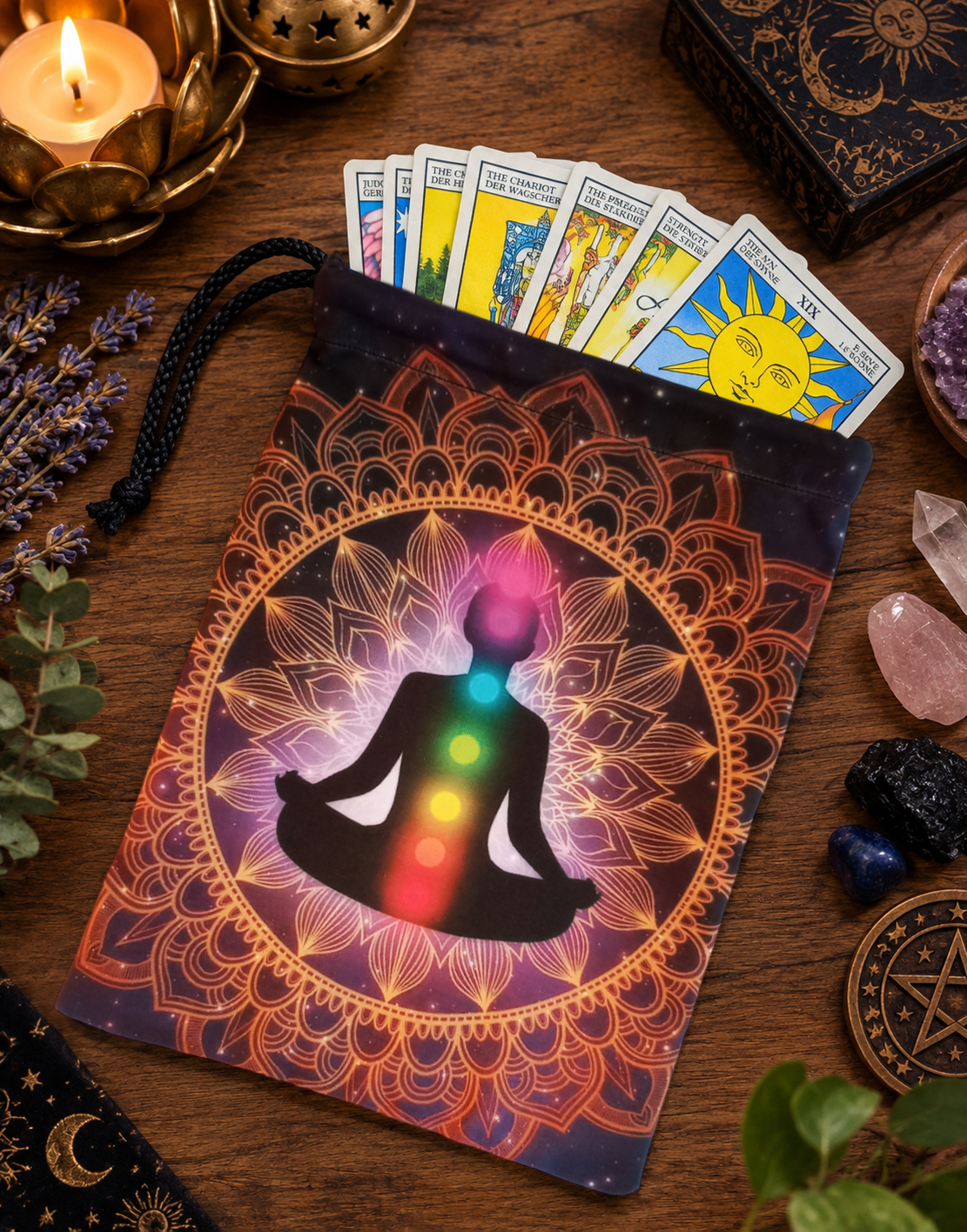 Bolsa porta mazo de tarot Meditación 7 chakras