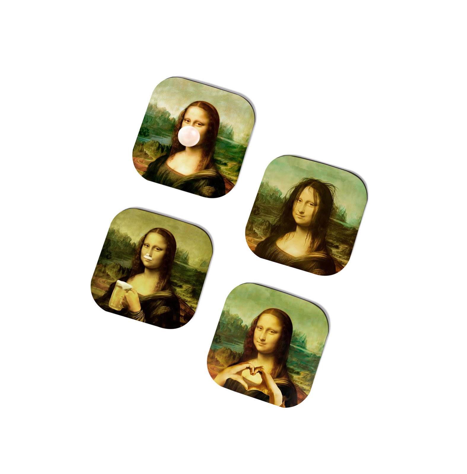 Set de 4 posavasos de madera con diseños de la Mona Lisa meme