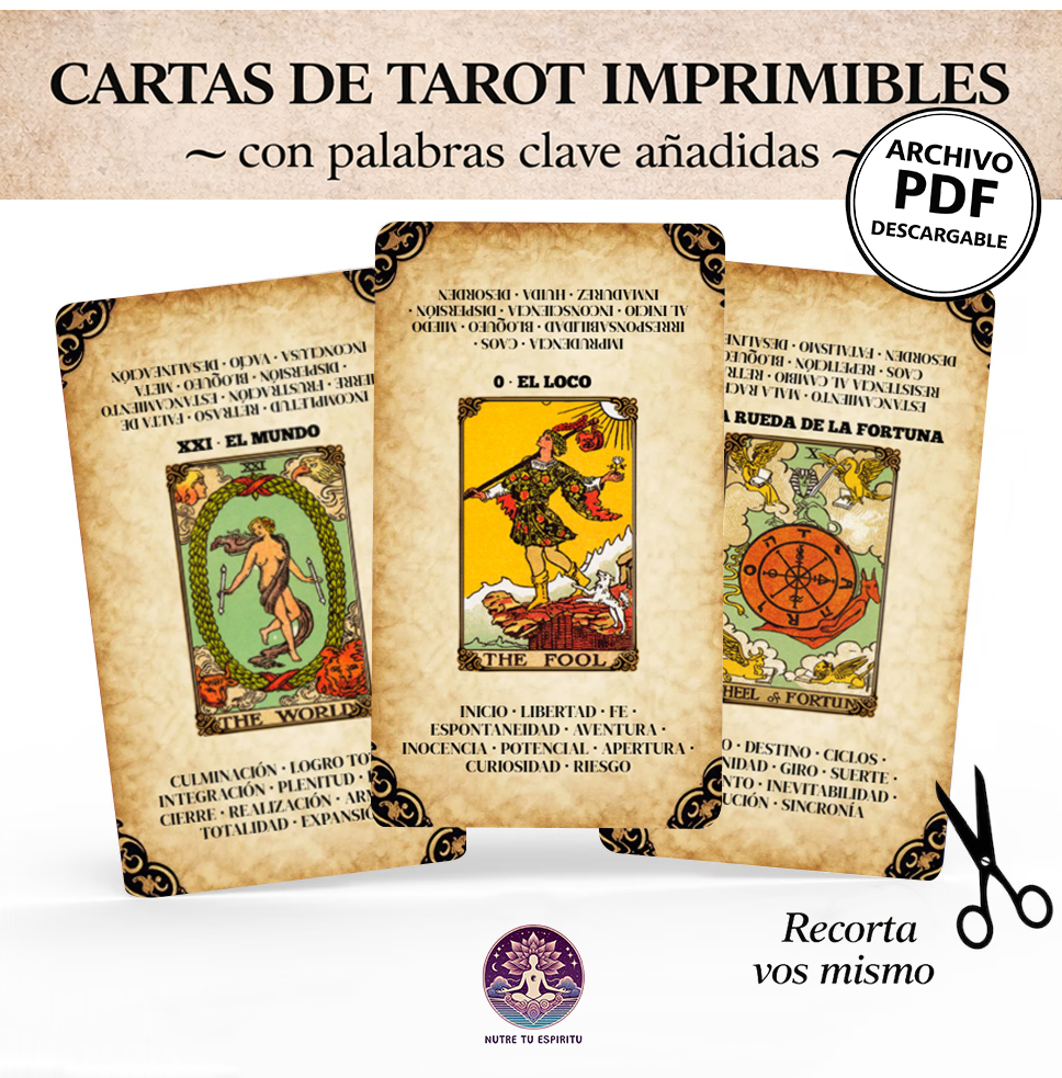 Cartas de Tarot Rider Waite imprimibles con palabras clave